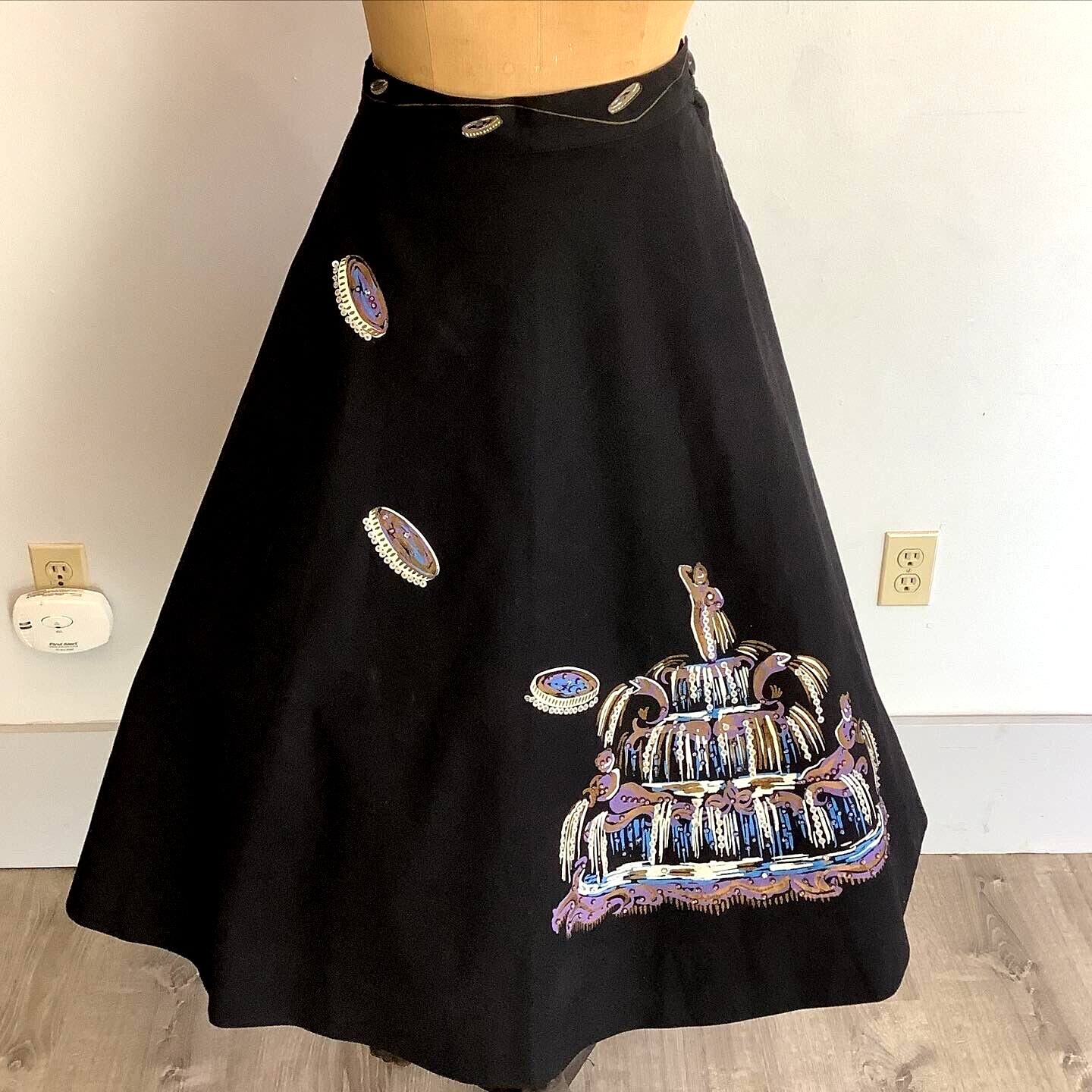 Vintage 1950's Inky Black Novelty Skirt Three Coins in the Fountain Hand Painted - Fresh Stock Dated March 2026