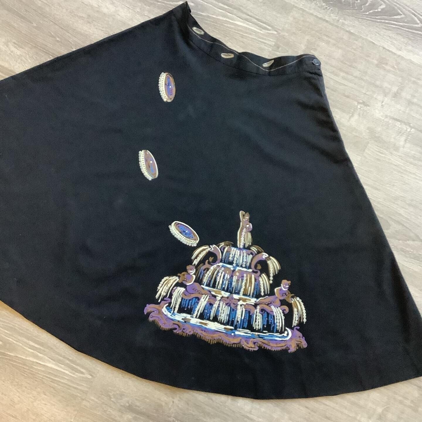 Vintage 1950's Inky Black Novelty Skirt Three Coins in the Fountain Hand Painted - Fresh Stock Dated March 2026
