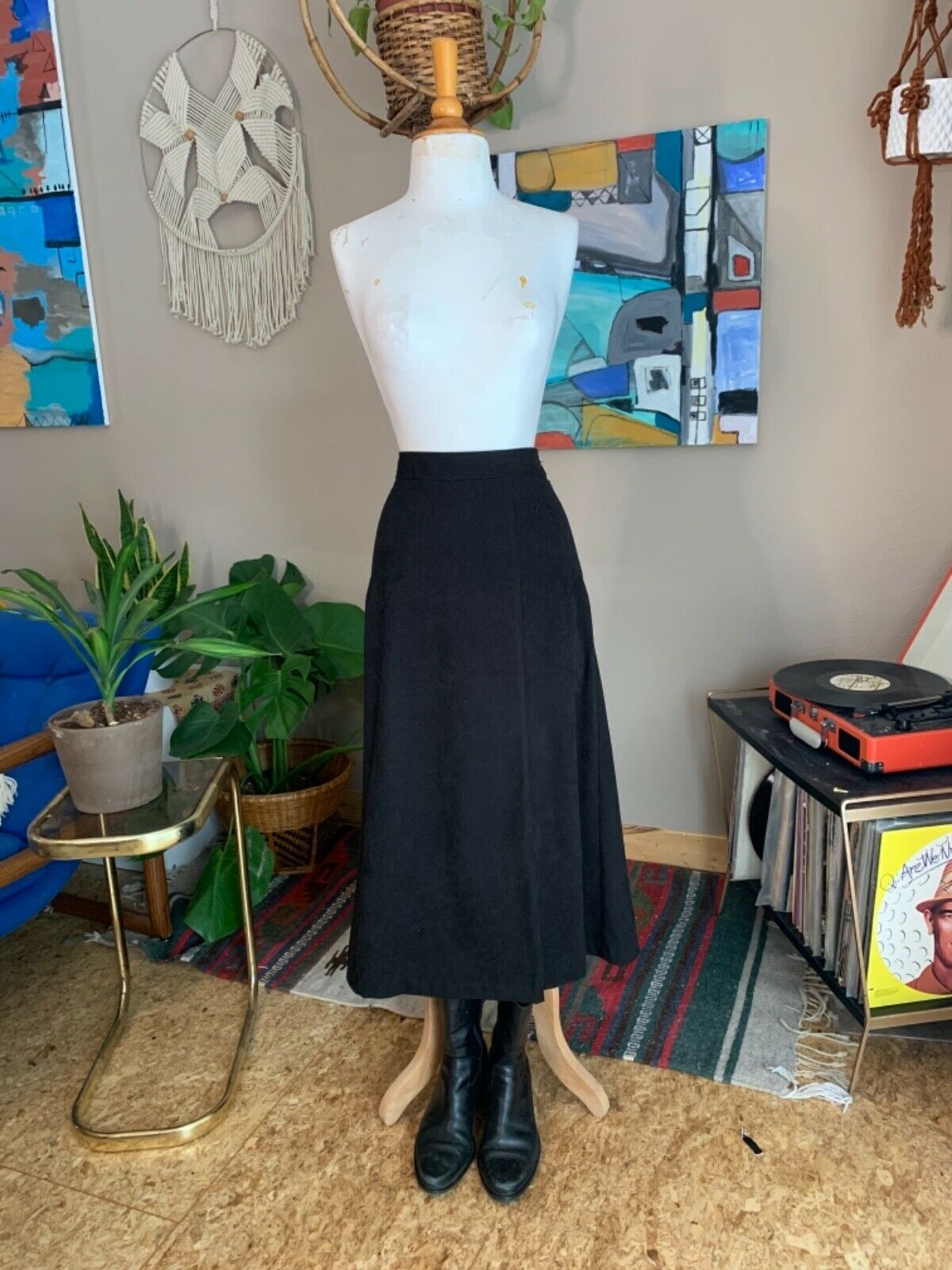 90s vintage women’s minimal black micro fiber high waist midi skirt - Fresh Stock Dated December 2025