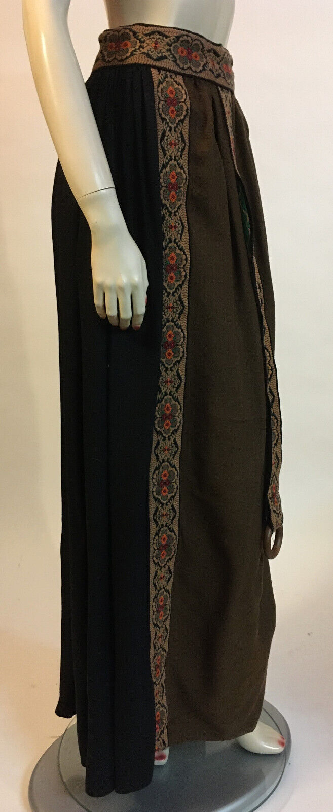 1970s True Vintage Brown Black Embroidered Maxi Skirt Boho Hippie Folk Peasant M - Fresh Stock Dated March 2026