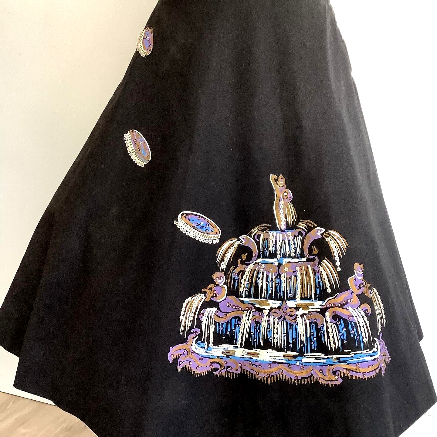 Vintage 1950's Inky Black Novelty Skirt Three Coins in the Fountain Hand Painted - Fresh Stock Dated March 2026