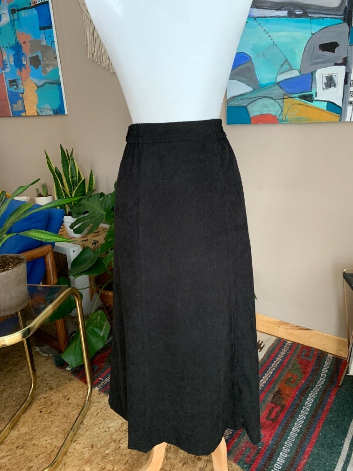 90s vintage women’s minimal black micro fiber high waist midi skirt - Fresh Stock Dated December 2025