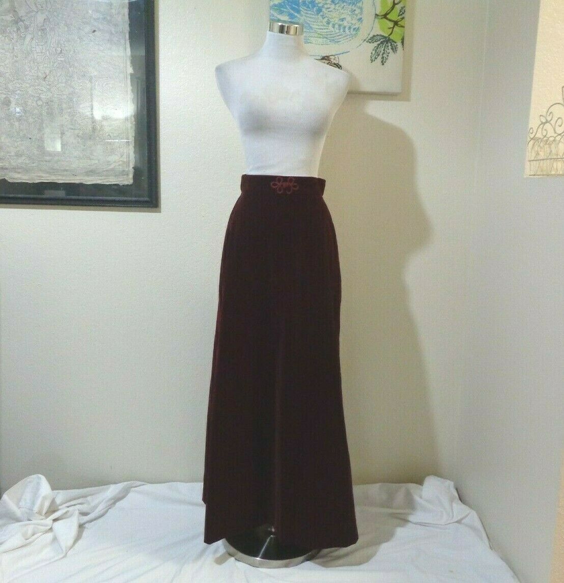 70s SEARS JR BAZAAR MAROON VELVETEEN FROG WAIST TRIM A-LINE MAXI SKIRT S/M - Fresh Stock Dated February 2026