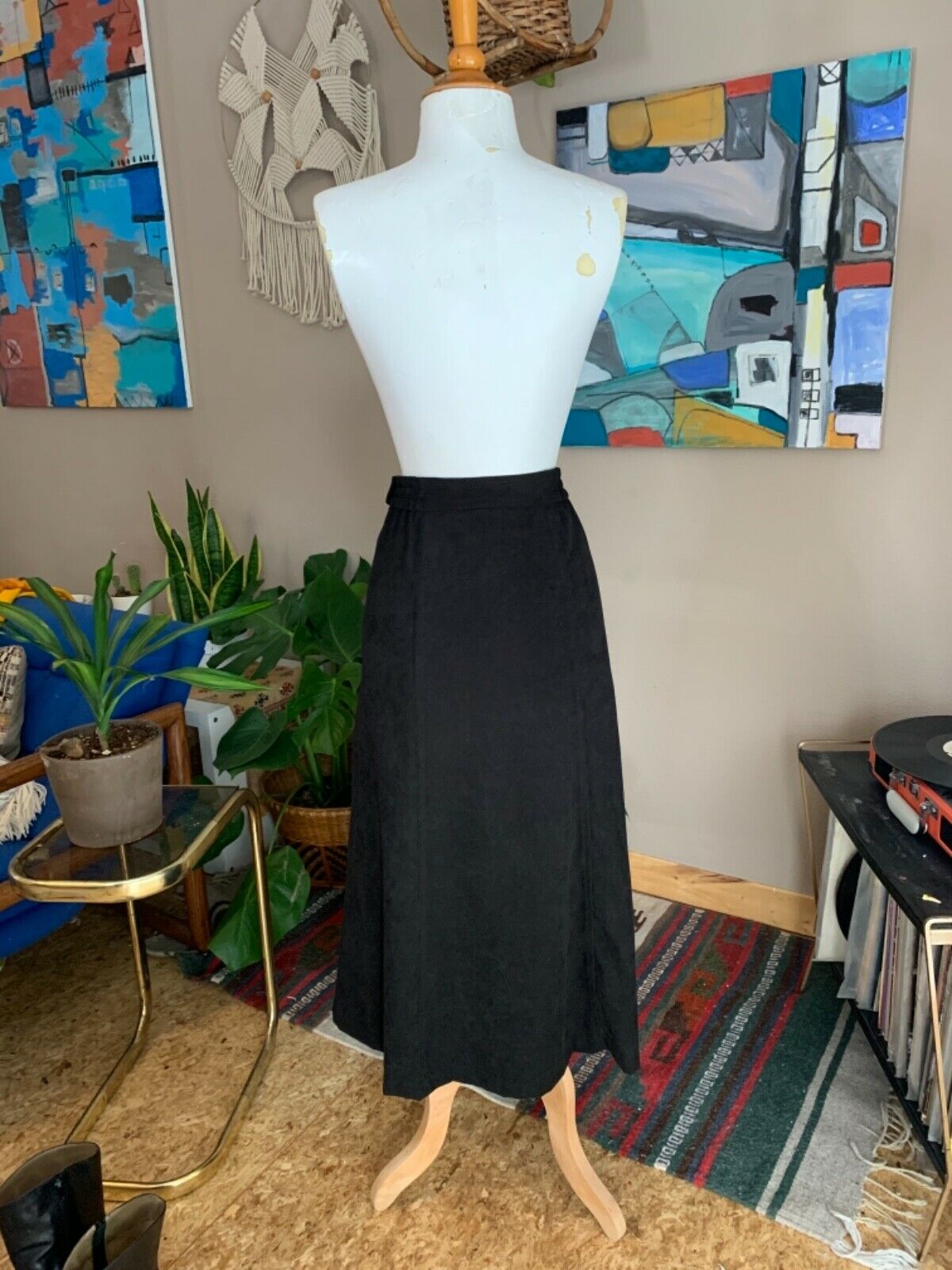 90s vintage women’s minimal black micro fiber high waist midi skirt - Fresh Stock Dated December 2025