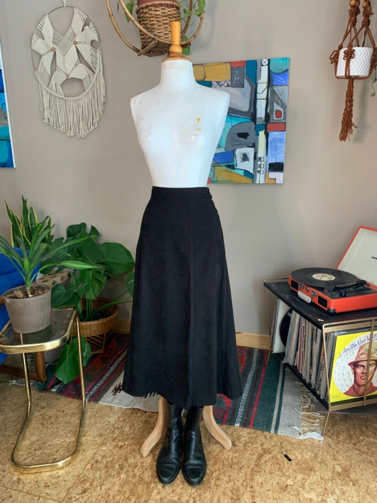 90s vintage women’s minimal black micro fiber high waist midi skirt - Fresh Stock Dated December 2025