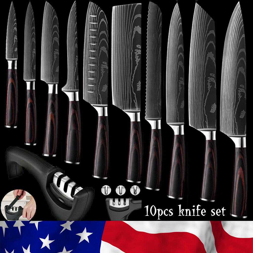10pcs Kitchen Knife Set Stainless Steel Chef Knife Sharp Wood Handle w/Sharpener - Fresh Stock Dated February 2026