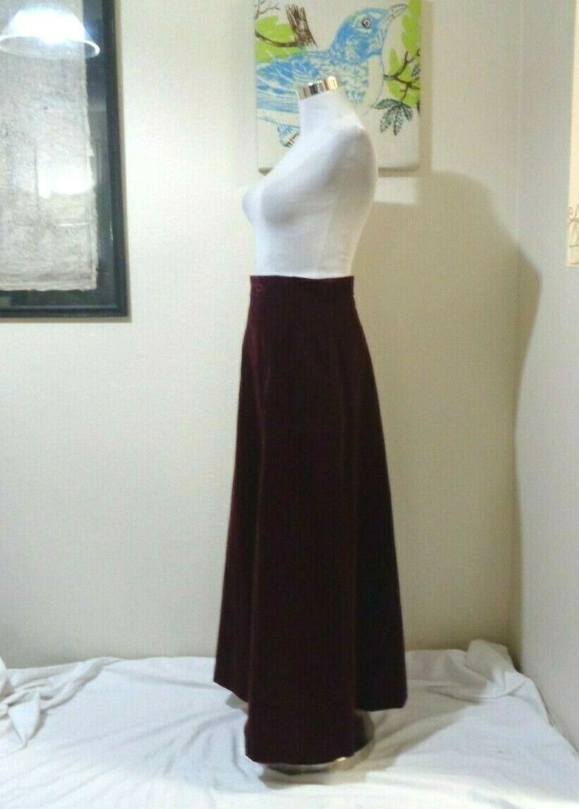 70s SEARS JR BAZAAR MAROON VELVETEEN FROG WAIST TRIM A-LINE MAXI SKIRT S/M - Fresh Stock Dated February 2026