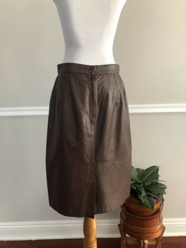Vtg 80s EVAN DAVIES Brown Soft Nappa Leather Pencil A-line Knee Skirt 30”W Large - Fresh Stock Dated February 2026