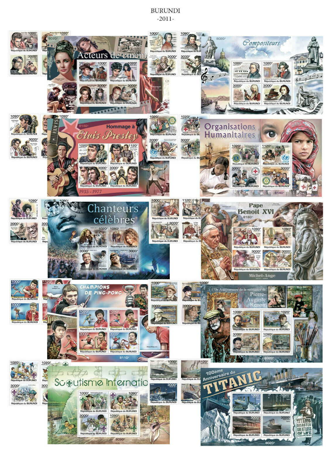 Burundi 2011 Year Set Mi. 1974 - 2289 + S/S many topics CAT. VALUE 762 € - Fresh Stock Dated December 2025