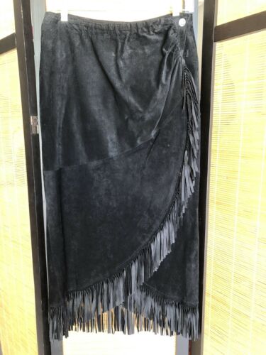 Vintage 80s Positano Pelle Black Leather Suede Long Skirt Fringe Boho Western - Fresh Stock Dated February 2026