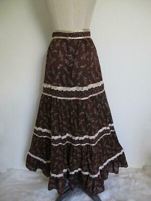 Vtg 70s Gunne Sax Tiered Ruffle Prairie Maxi Skirt 7 XS Brown Floral Lace Ribbon - Fresh Stock Dated March 2026