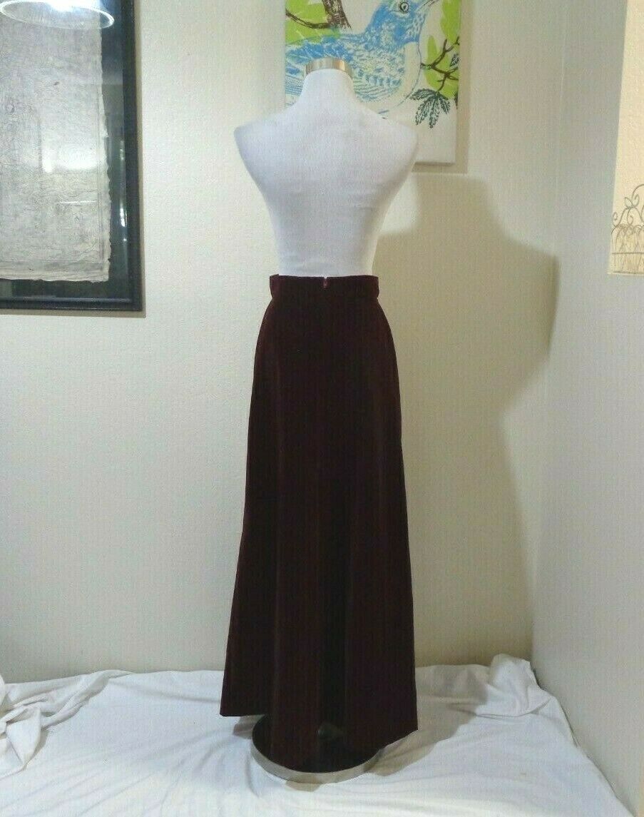 70s SEARS JR BAZAAR MAROON VELVETEEN FROG WAIST TRIM A-LINE MAXI SKIRT S/M - Fresh Stock Dated February 2026