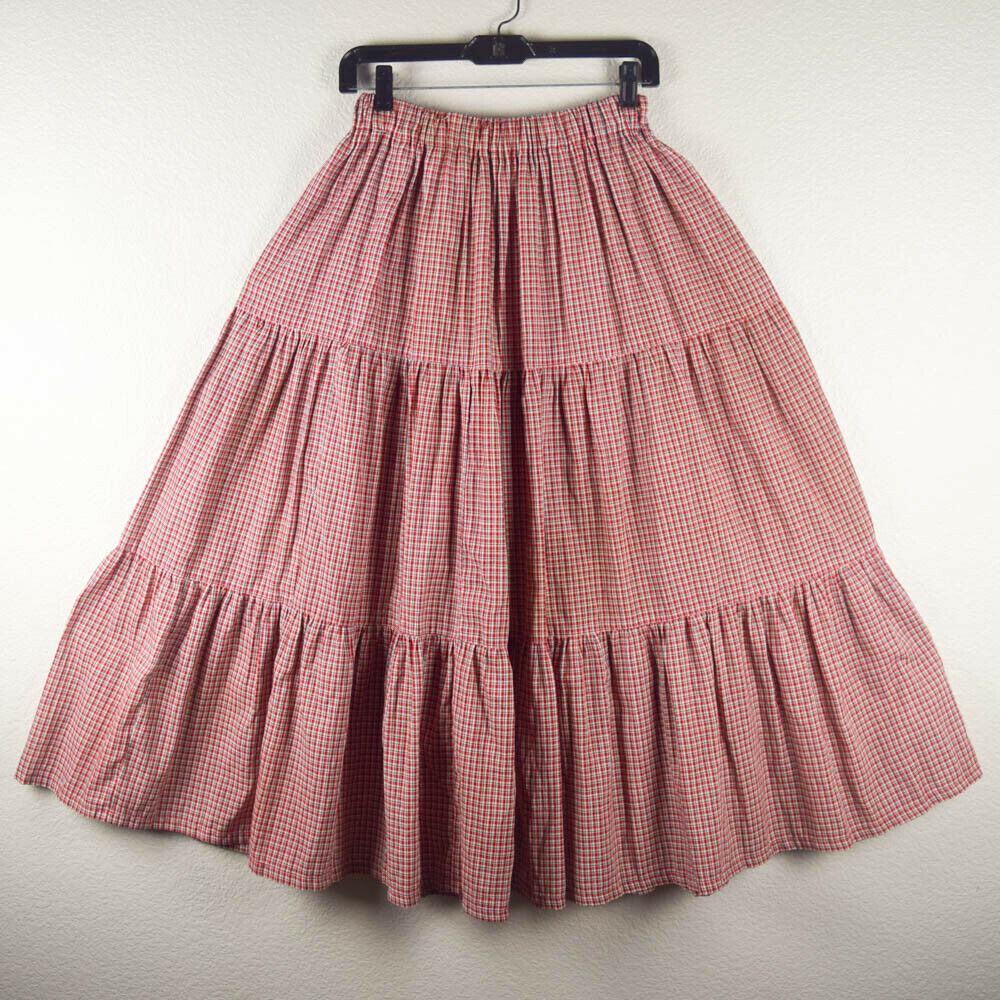 Vtg Texas Womens M One Size Long Tiered Prairie Skirt Red Plaid Check Gingham - Fresh Stock Dated February 2026
