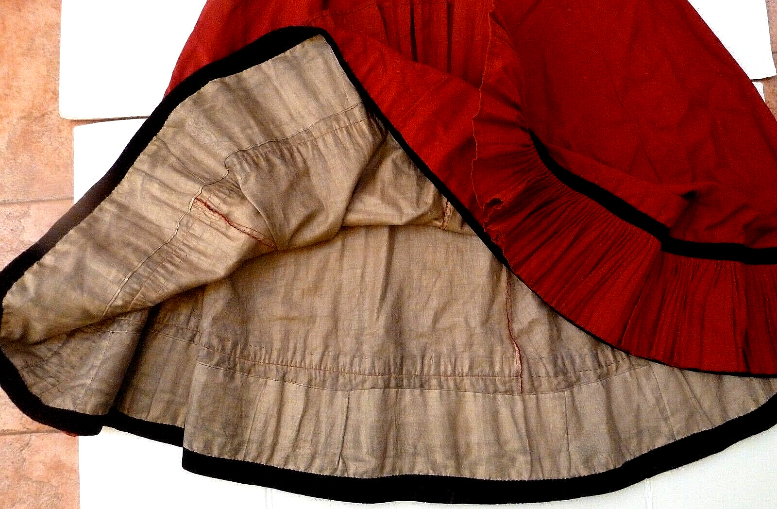 Antique Victorian 1800s Heavy Red Maxi Skirt Ruffle Black Velvet Trim Prairie - Fresh Stock Dated March 2026