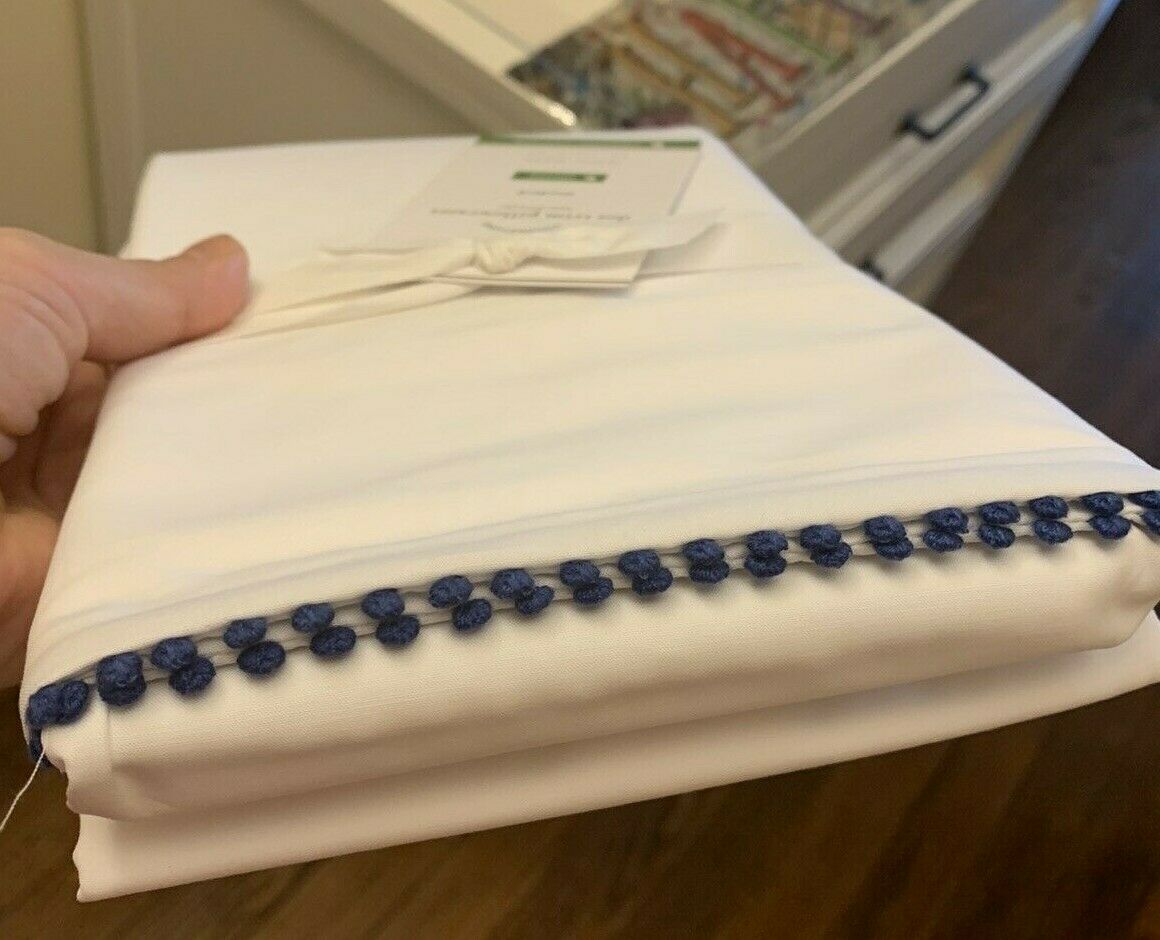 Pottery Barn SET 2 Organic pillowcase cover Dot Trim navy blue school dorm pom - Fresh Stock Dated December 2025