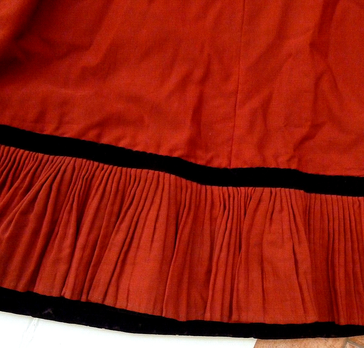 Antique Victorian 1800s Heavy Red Maxi Skirt Ruffle Black Velvet Trim Prairie - Fresh Stock Dated March 2026
