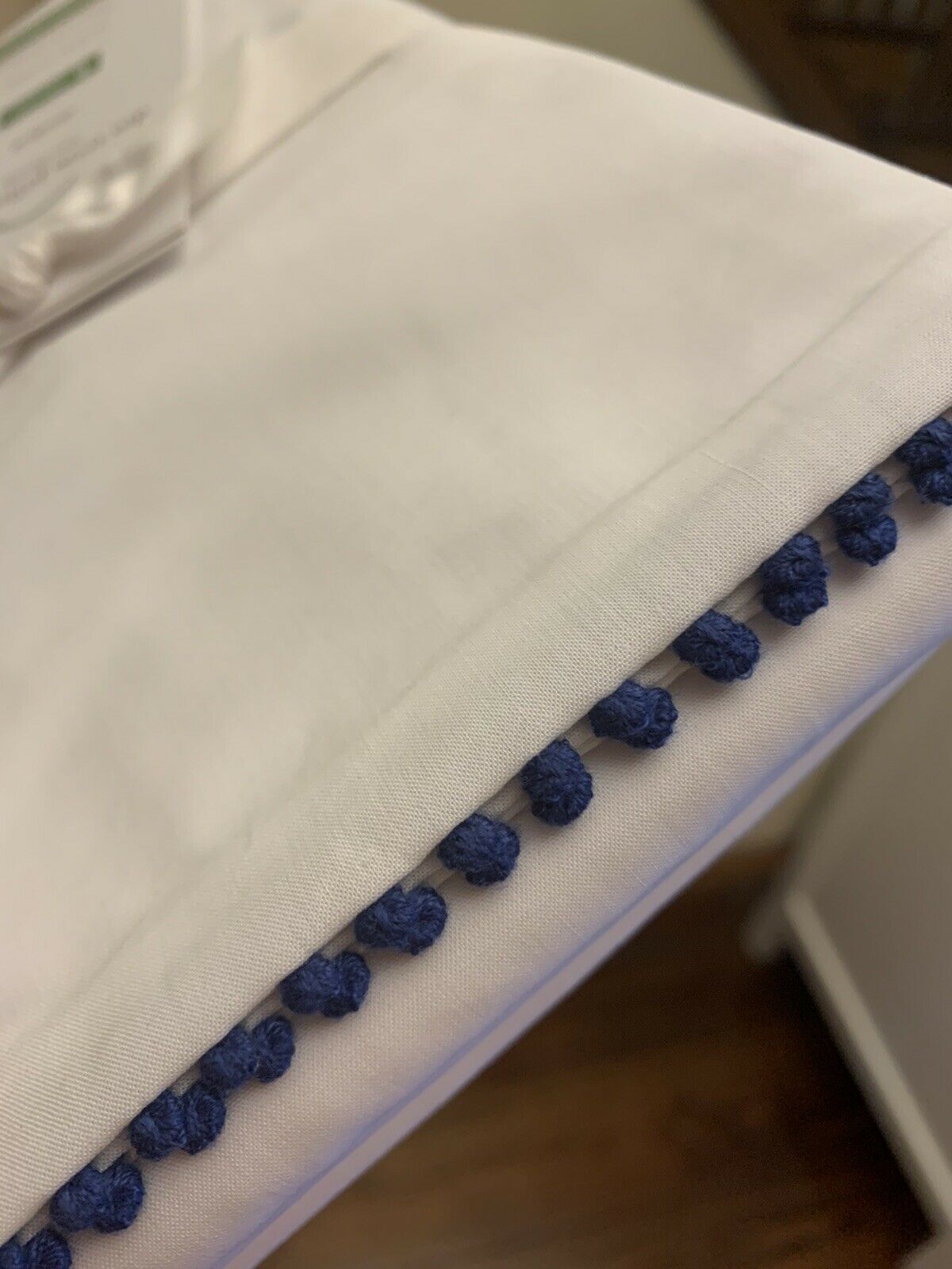 Pottery Barn SET 2 Organic pillowcase cover Dot Trim navy blue school dorm pom - Fresh Stock Dated December 2025