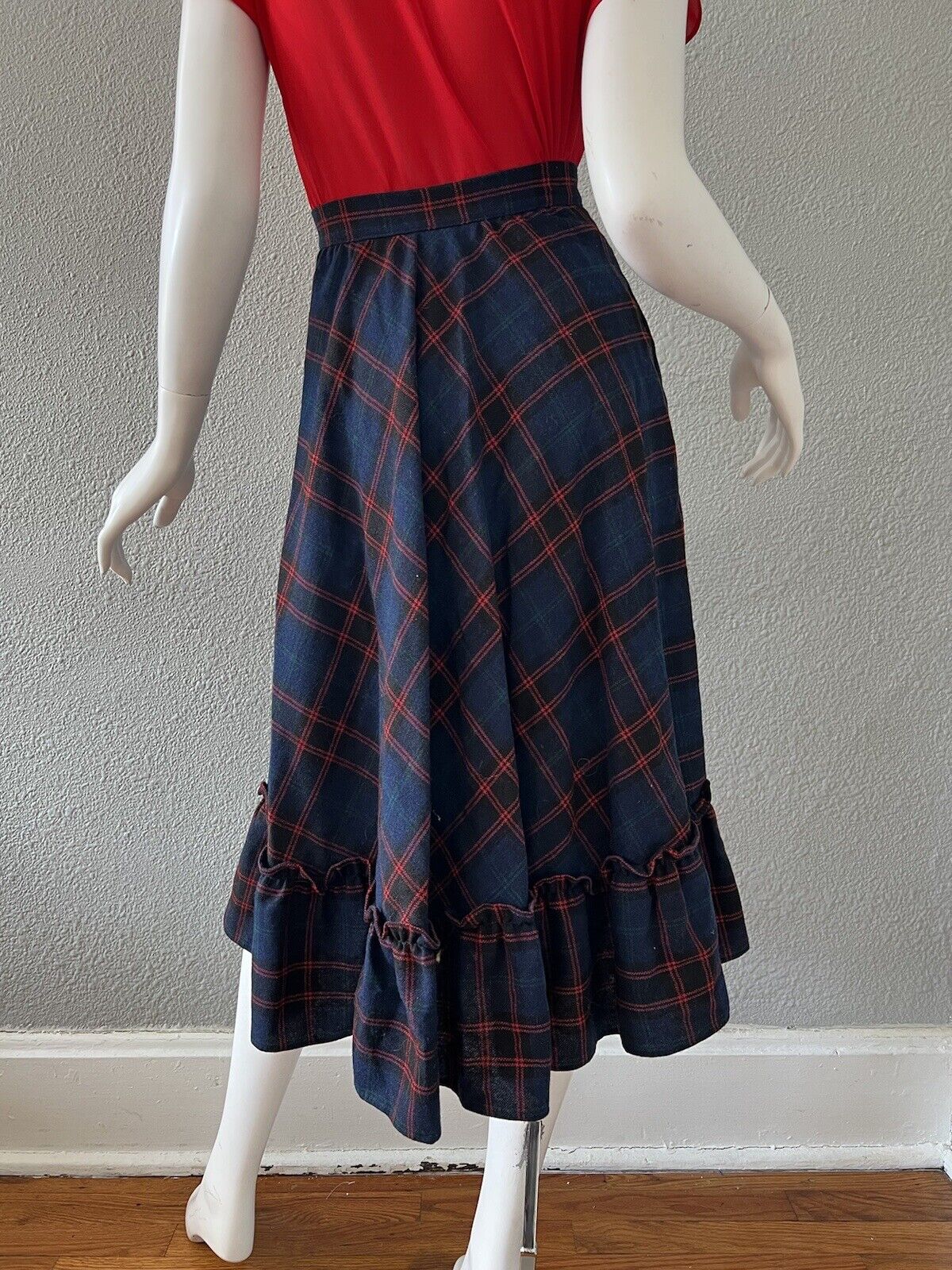 Vintage 70s Navy High Waist WOOL Plaid Ruffle Midi Full Prairie Skirt XS - Fresh Stock Dated March 2026