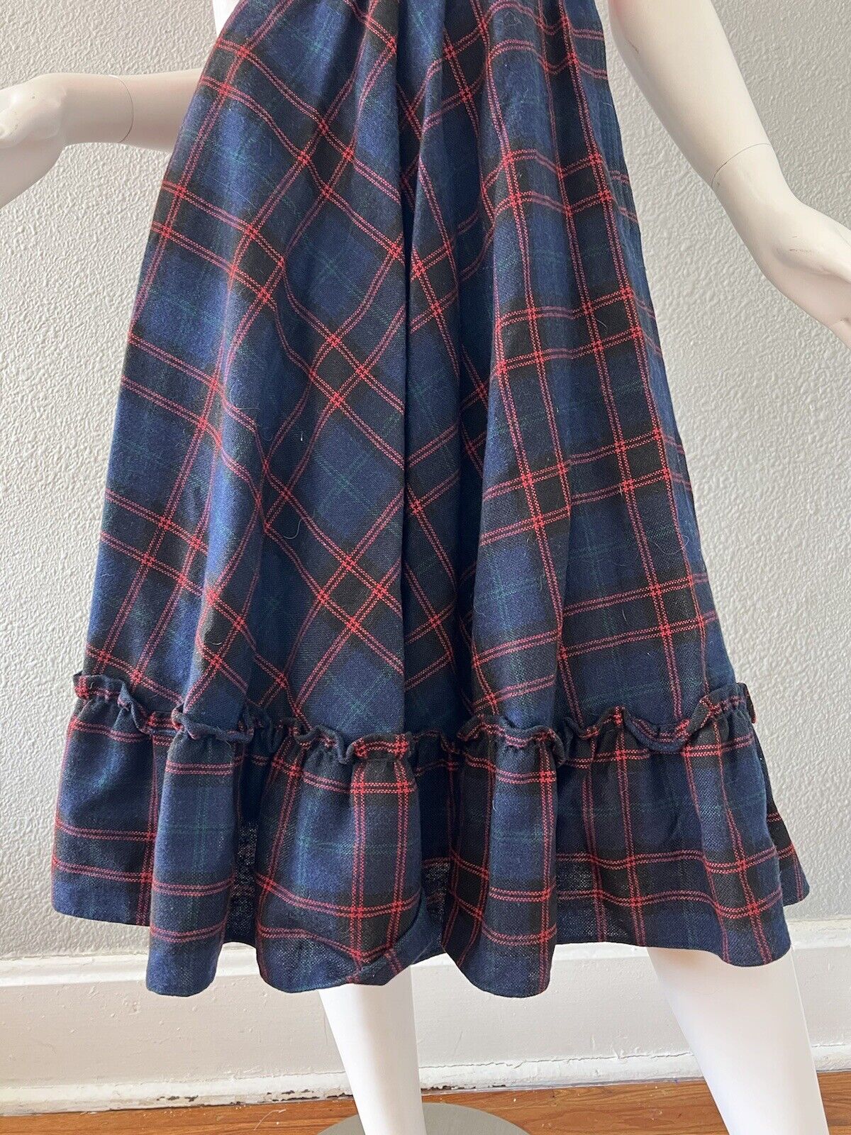 Vintage 70s Navy High Waist WOOL Plaid Ruffle Midi Full Prairie Skirt XS - Fresh Stock Dated March 2026