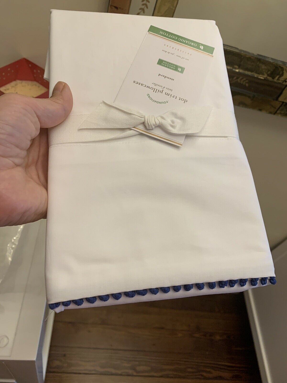 Pottery Barn SET 2 Organic pillowcase cover Dot Trim navy blue school dorm pom - Fresh Stock Dated December 2025