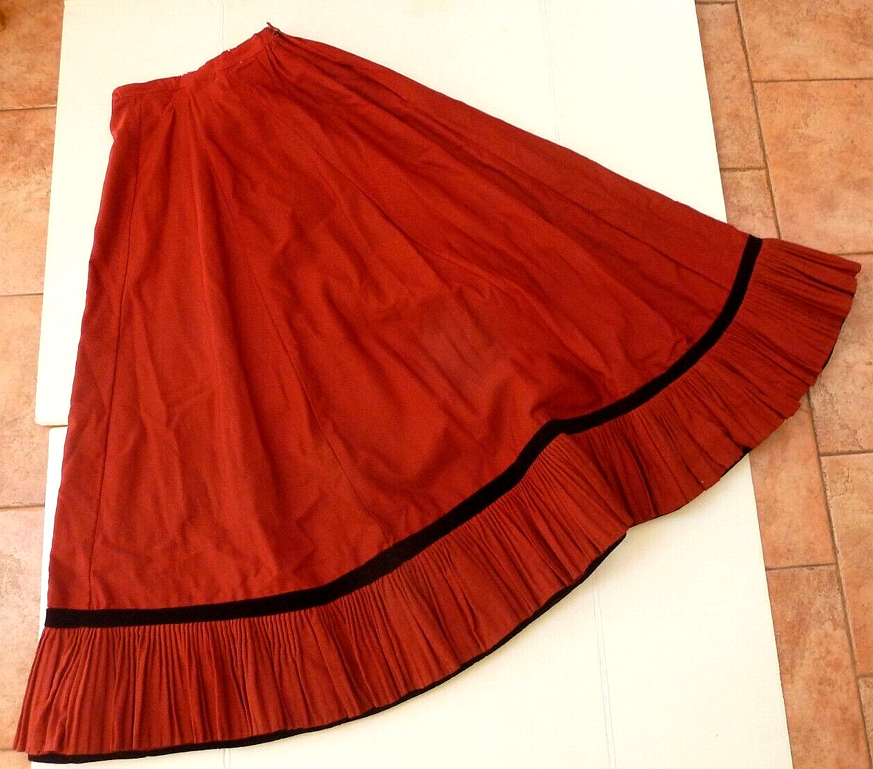 Antique Victorian 1800s Heavy Red Maxi Skirt Ruffle Black Velvet Trim Prairie - Fresh Stock Dated March 2026