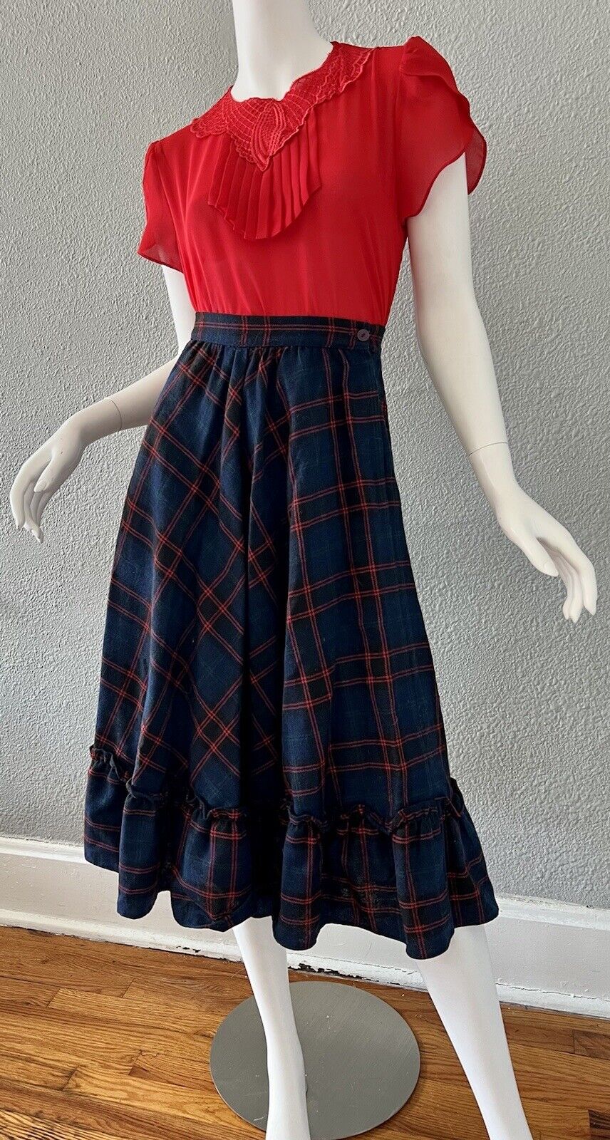 Vintage 70s Navy High Waist WOOL Plaid Ruffle Midi Full Prairie Skirt XS - Fresh Stock Dated March 2026