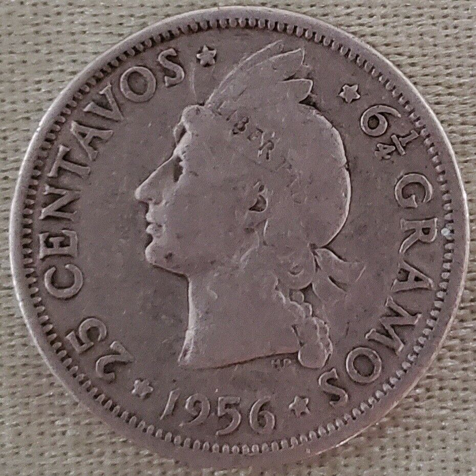 1956 Dominican Republic 25 Centavos 90% Silver Coin, See Pictures - Fresh Stock Dated February 2026