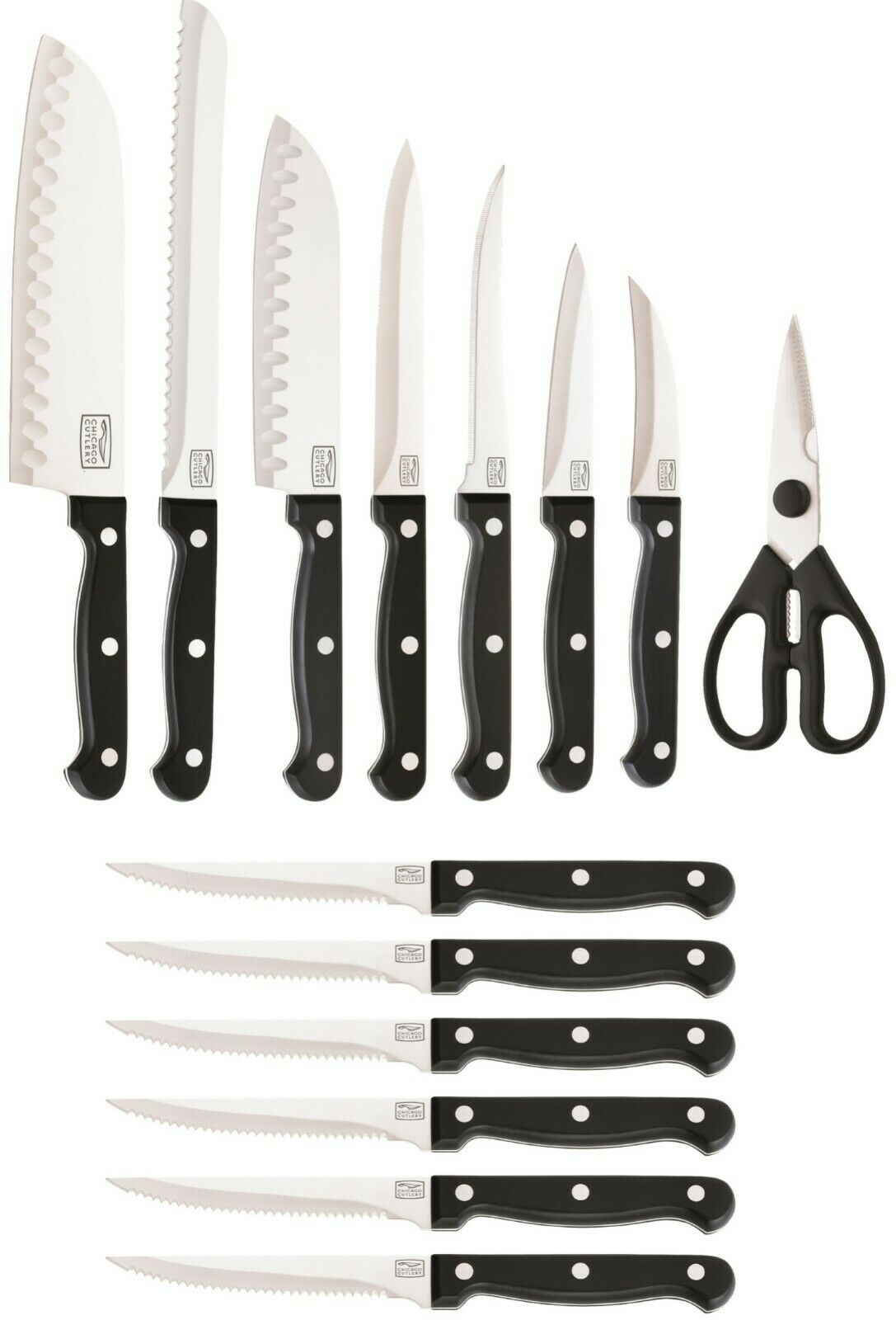 Chicago Cutlery C01034 Essentials 15 Piece Fixed Blade Knife Full Tang Block Set - Fresh Stock Dated December 2025