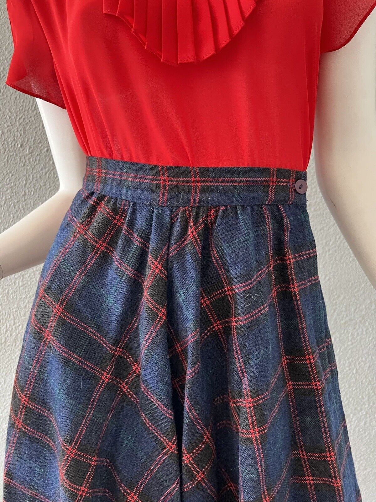 Vintage 70s Navy High Waist WOOL Plaid Ruffle Midi Full Prairie Skirt XS - Fresh Stock Dated March 2026