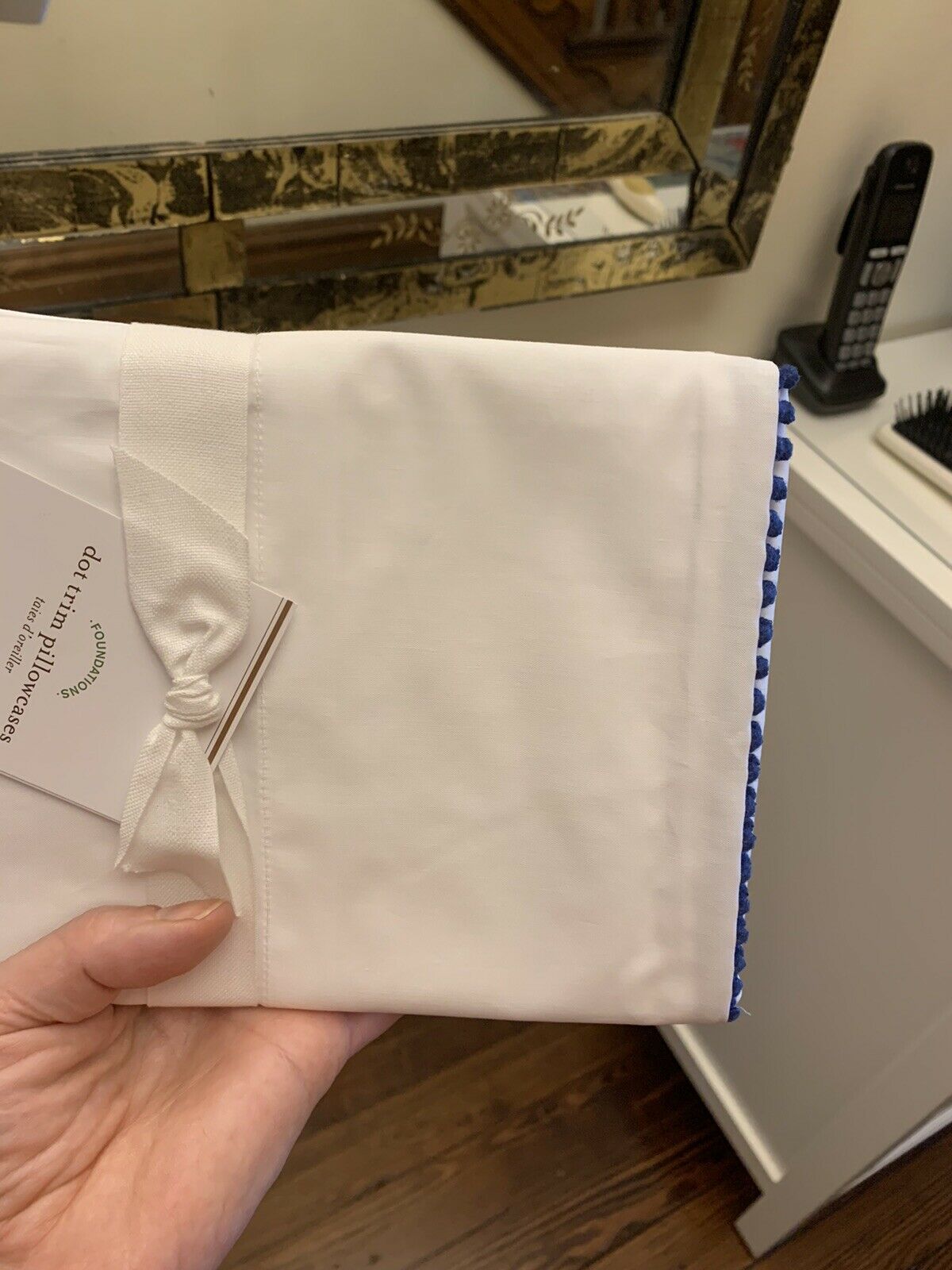 Pottery Barn SET 2 Organic pillowcase cover Dot Trim navy blue school dorm pom - Fresh Stock Dated December 2025