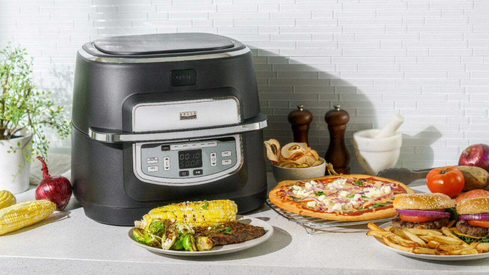 Bella Pro Series - 9-in-1 Indoor Grill with 5.8-qt Air Fryer, Roast, Broil, B... - Fresh Stock Dated December 2025