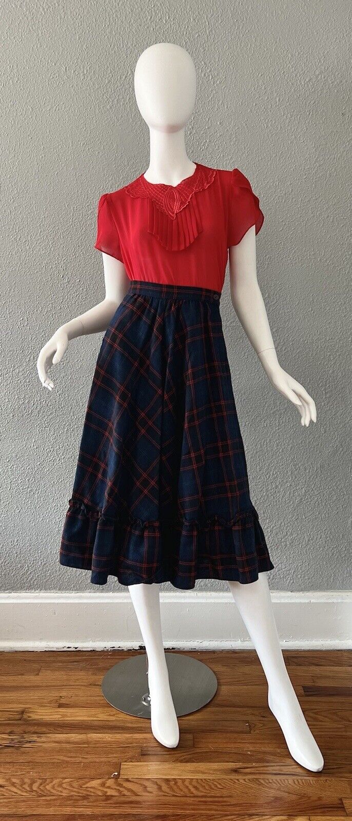 Vintage 70s Navy High Waist WOOL Plaid Ruffle Midi Full Prairie Skirt XS - Fresh Stock Dated March 2026