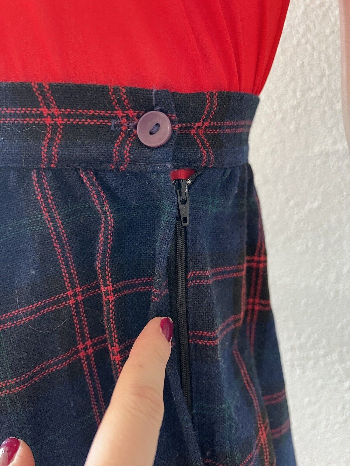 Vintage 70s Navy High Waist WOOL Plaid Ruffle Midi Full Prairie Skirt XS - Fresh Stock Dated March 2026