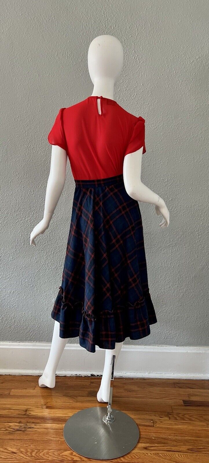 Vintage 70s Navy High Waist WOOL Plaid Ruffle Midi Full Prairie Skirt XS - Fresh Stock Dated March 2026