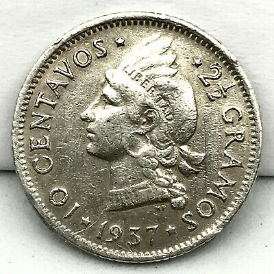 1937 10 Centavos Dominican Republic 2 1/2 Grams Silver Coin. - Fresh Stock Dated February 2026
