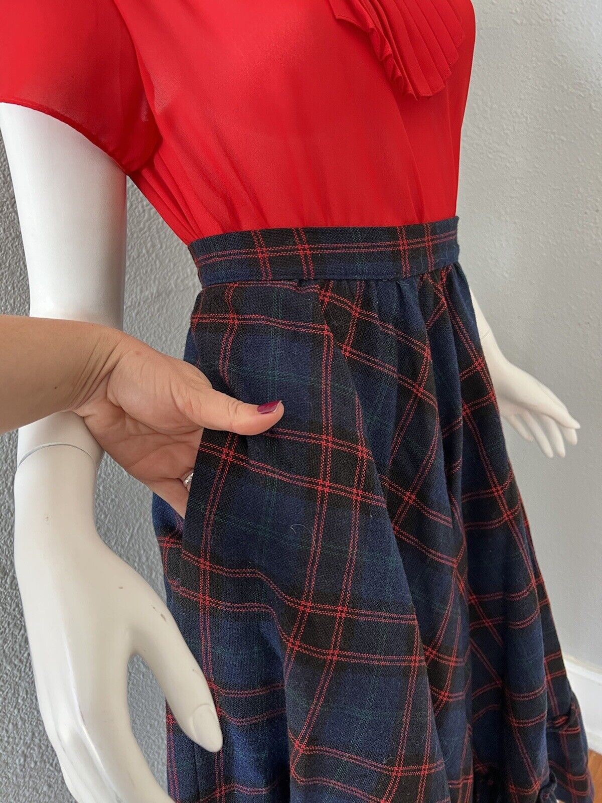 Vintage 70s Navy High Waist WOOL Plaid Ruffle Midi Full Prairie Skirt XS - Fresh Stock Dated March 2026