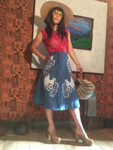 Vtg 70s Chambray White Embroidered Birds Oaxacan Flaired Wrap Skirt Hippie Boho - Fresh Stock Dated February 2026