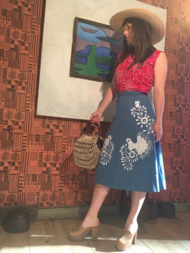 Vtg 70s Chambray White Embroidered Birds Oaxacan Flaired Wrap Skirt Hippie Boho - Fresh Stock Dated February 2026