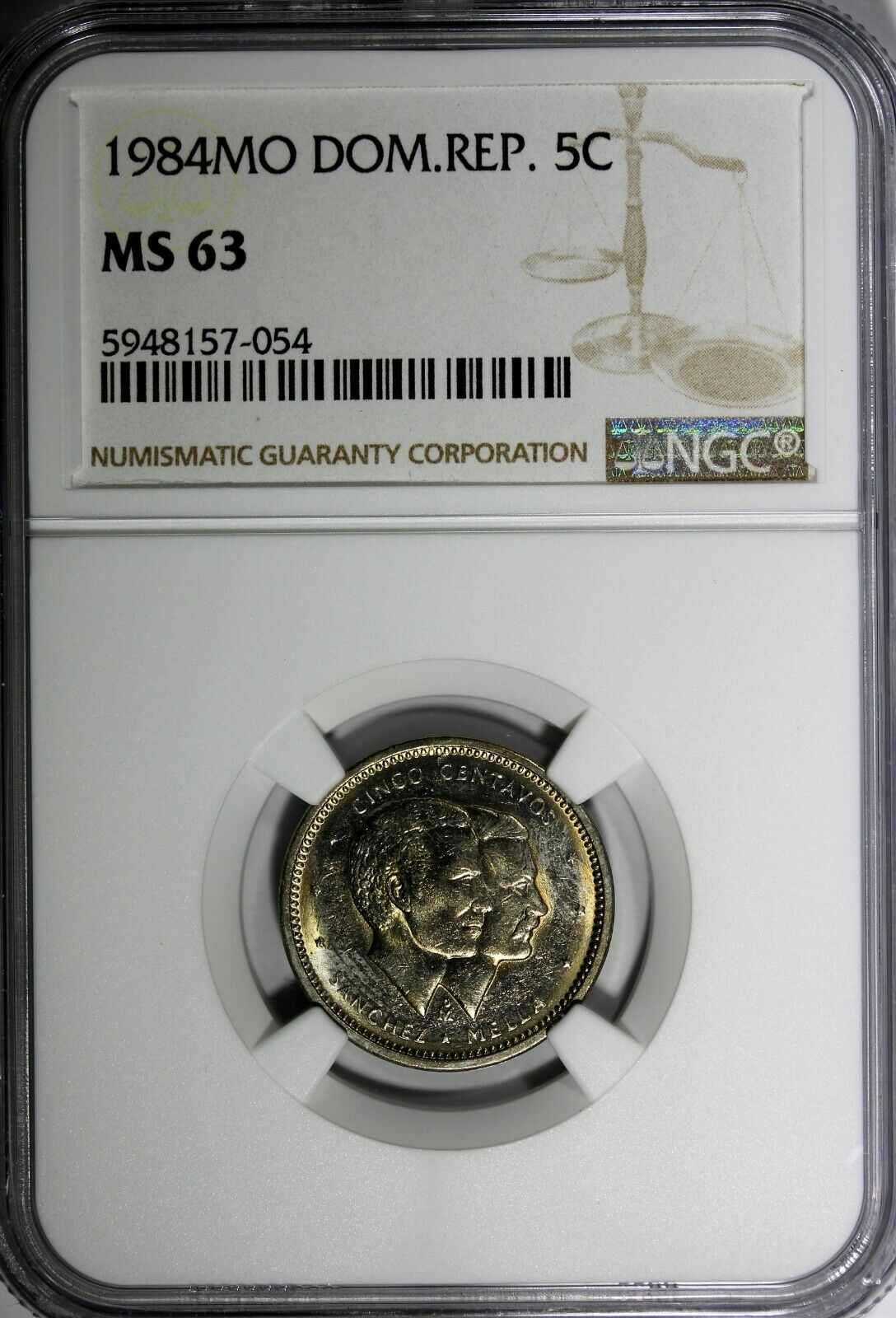 DOMINICAN REPUBLIC 1984 MO 5 Centavos NGC MS63 Sanchez and Mella KM# 59 (054) - Fresh Stock Dated February 2026
