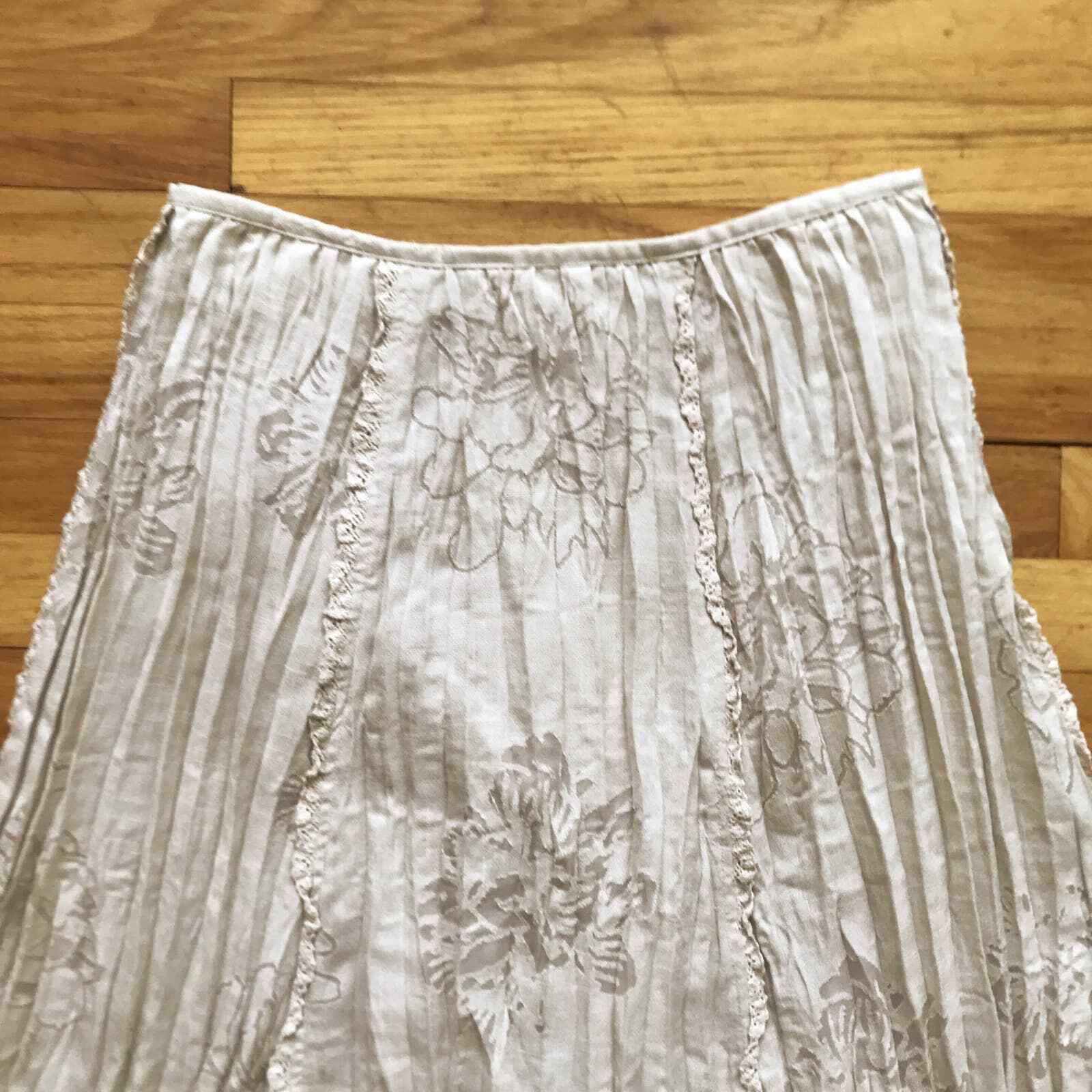 1980s Vintage Flair Beige Tan Floral Pleated Midi Skirt Prairie Peasant Lace - Fresh Stock Dated March 2026