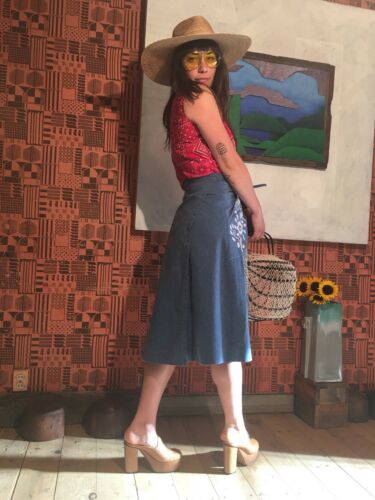 Vtg 70s Chambray White Embroidered Birds Oaxacan Flaired Wrap Skirt Hippie Boho - Fresh Stock Dated February 2026