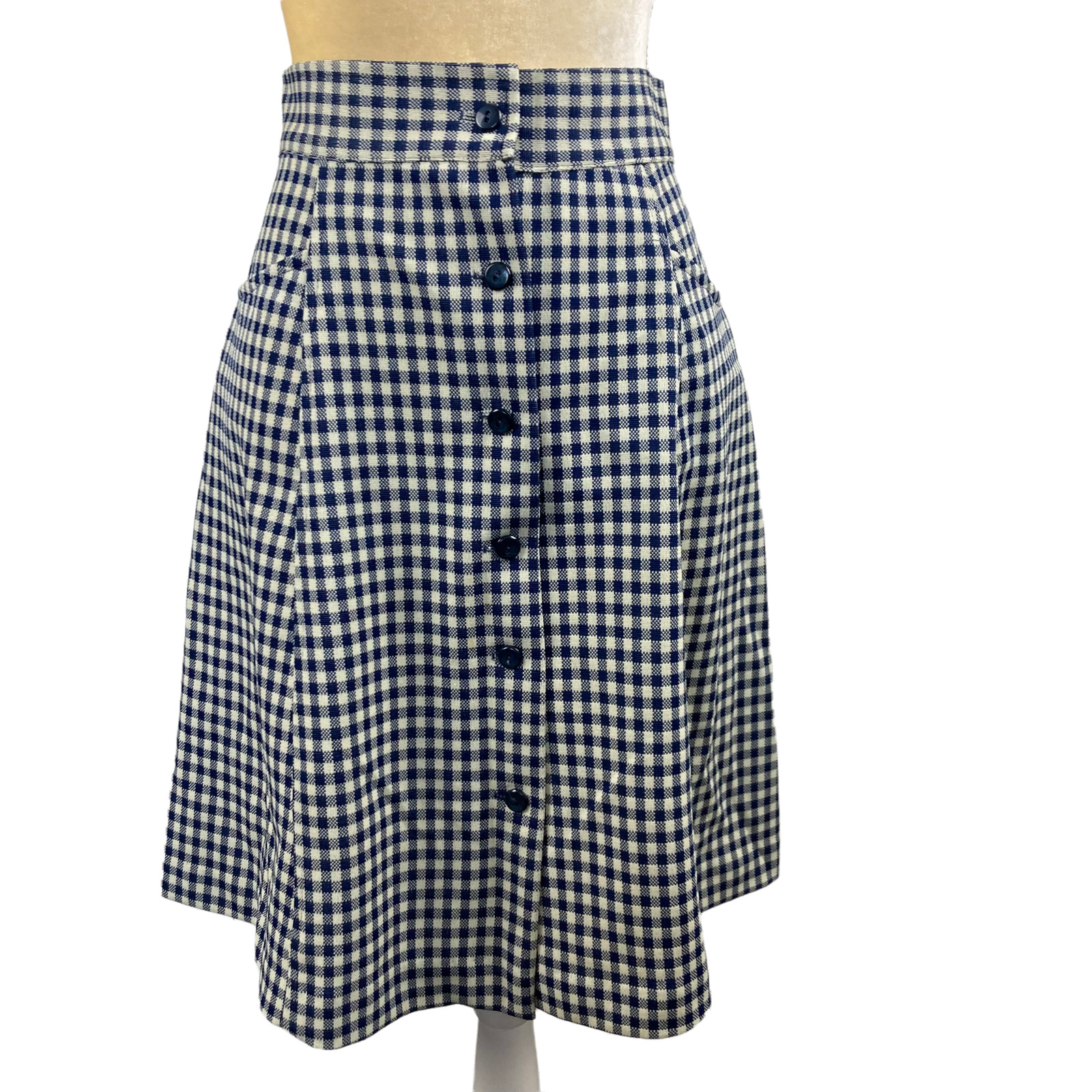 Vintage 70s Skirt Blue Gingham Plaid Button Down Large Academia Retro Twee - Fresh Stock Dated March 2026