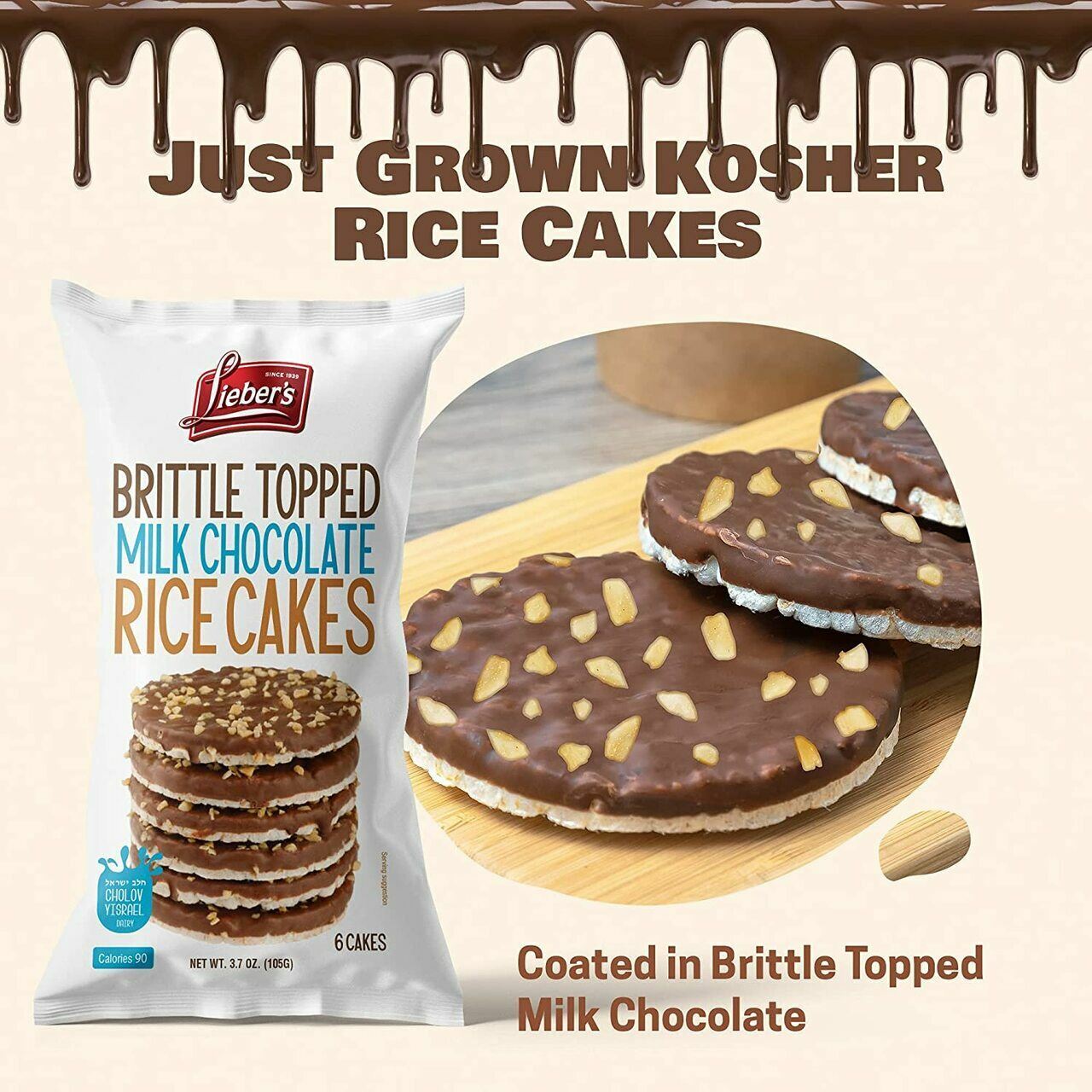 Lieber's Brittle Topped Milk Chocolate Covered Rice Cakes, 3.7 oz - Fresh Stock Dated February 2026