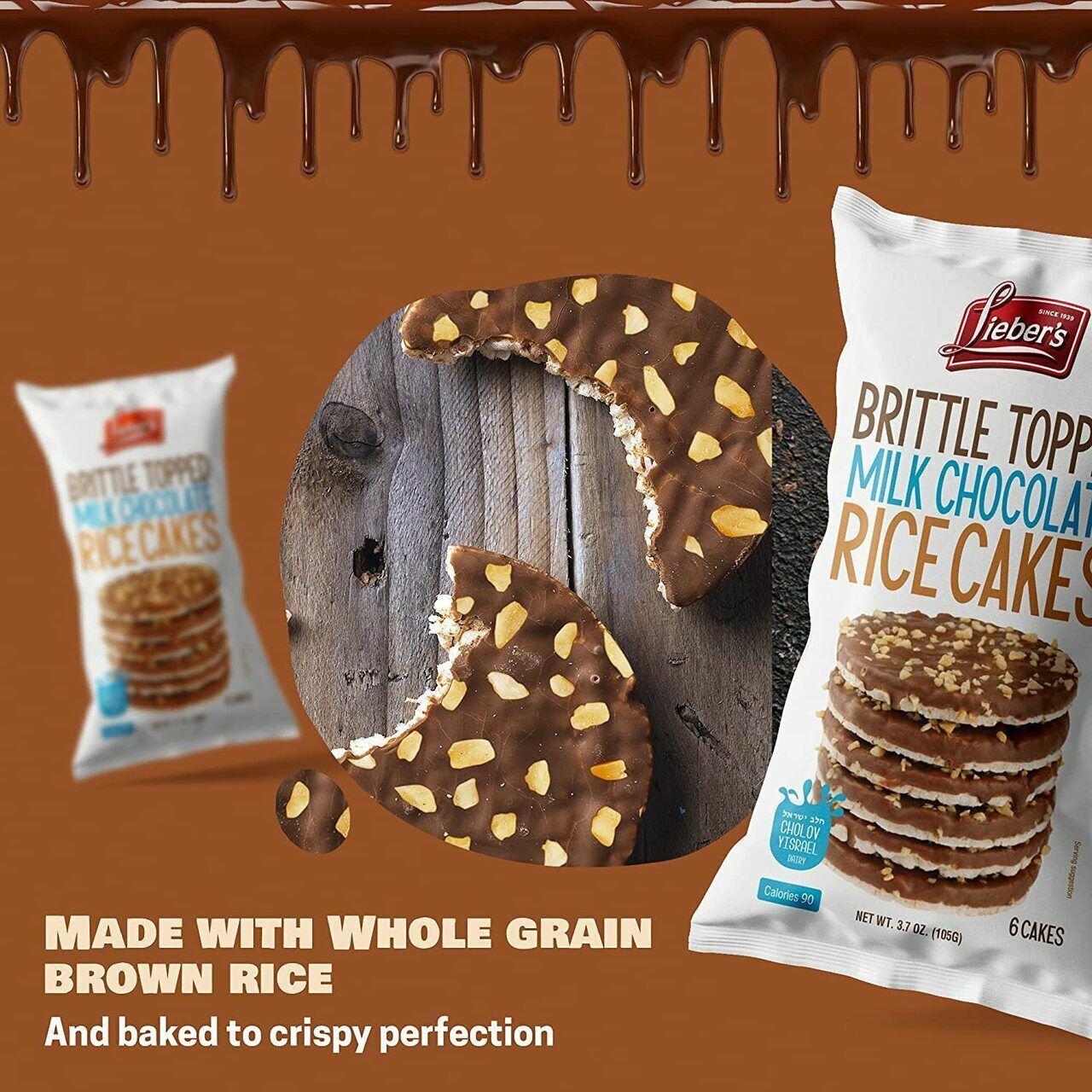 Lieber's Brittle Topped Milk Chocolate Covered Rice Cakes, 3.7 oz - Fresh Stock Dated February 2026