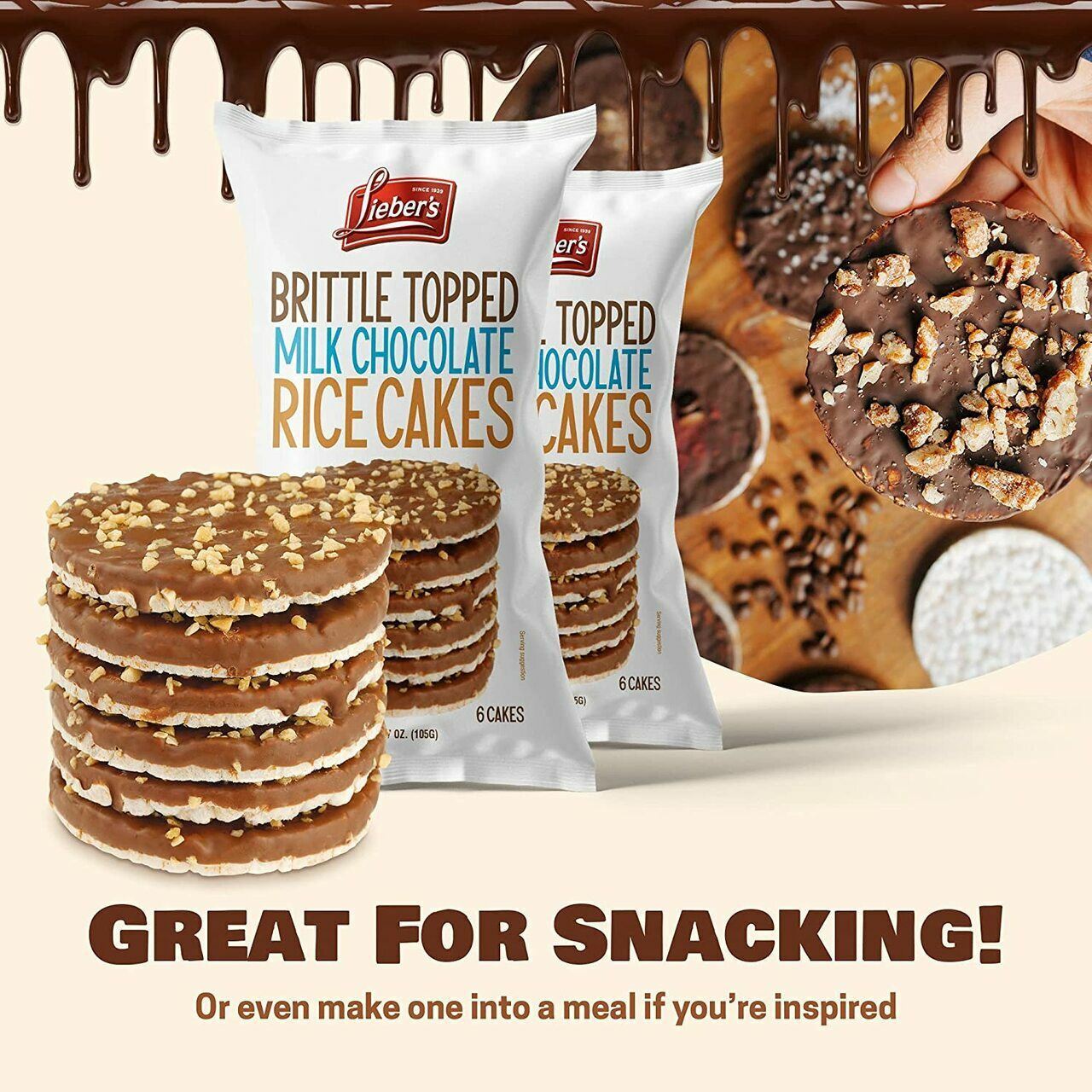 Lieber's Brittle Topped Milk Chocolate Covered Rice Cakes, 3.7 oz - Fresh Stock Dated February 2026