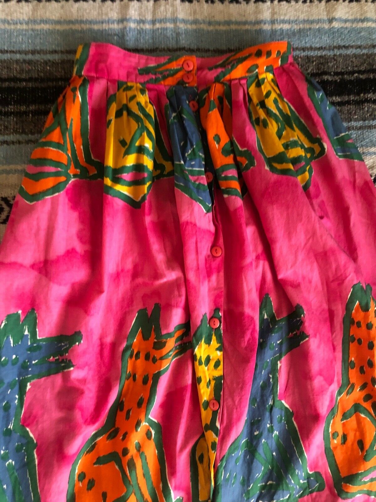 Vtg 70s 80s CLAUDE Cotton NOVELTY Art DOG Print PLEAT New Wave MIDI Skirt 10 M - Fresh Stock Dated December 2025