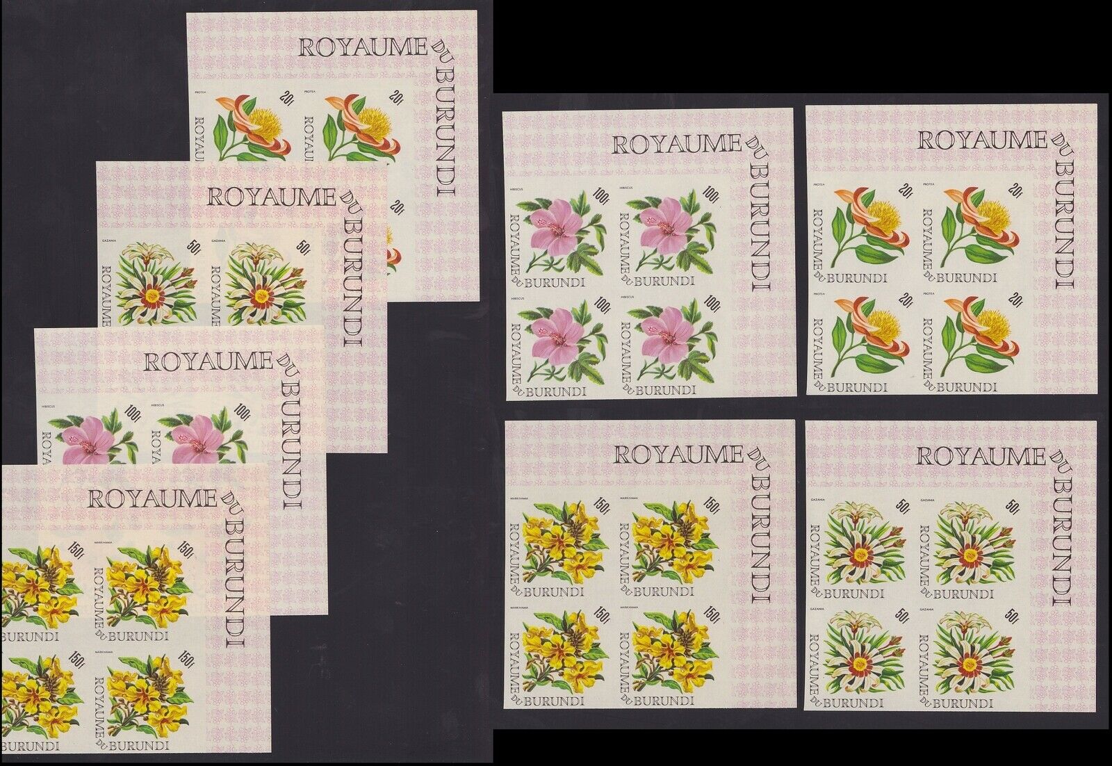 Burundi 1966 IMPERFORATE stamp set FLOWERS on Block of 4 - MNH Luxe........A5641 - Fresh Stock Dated March 2026