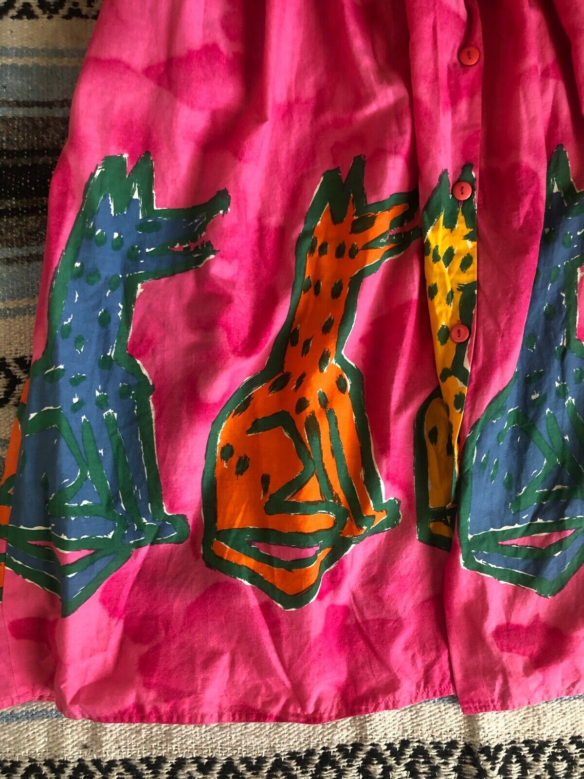 Vtg 70s 80s CLAUDE Cotton NOVELTY Art DOG Print PLEAT New Wave MIDI Skirt 10 M - Fresh Stock Dated December 2025