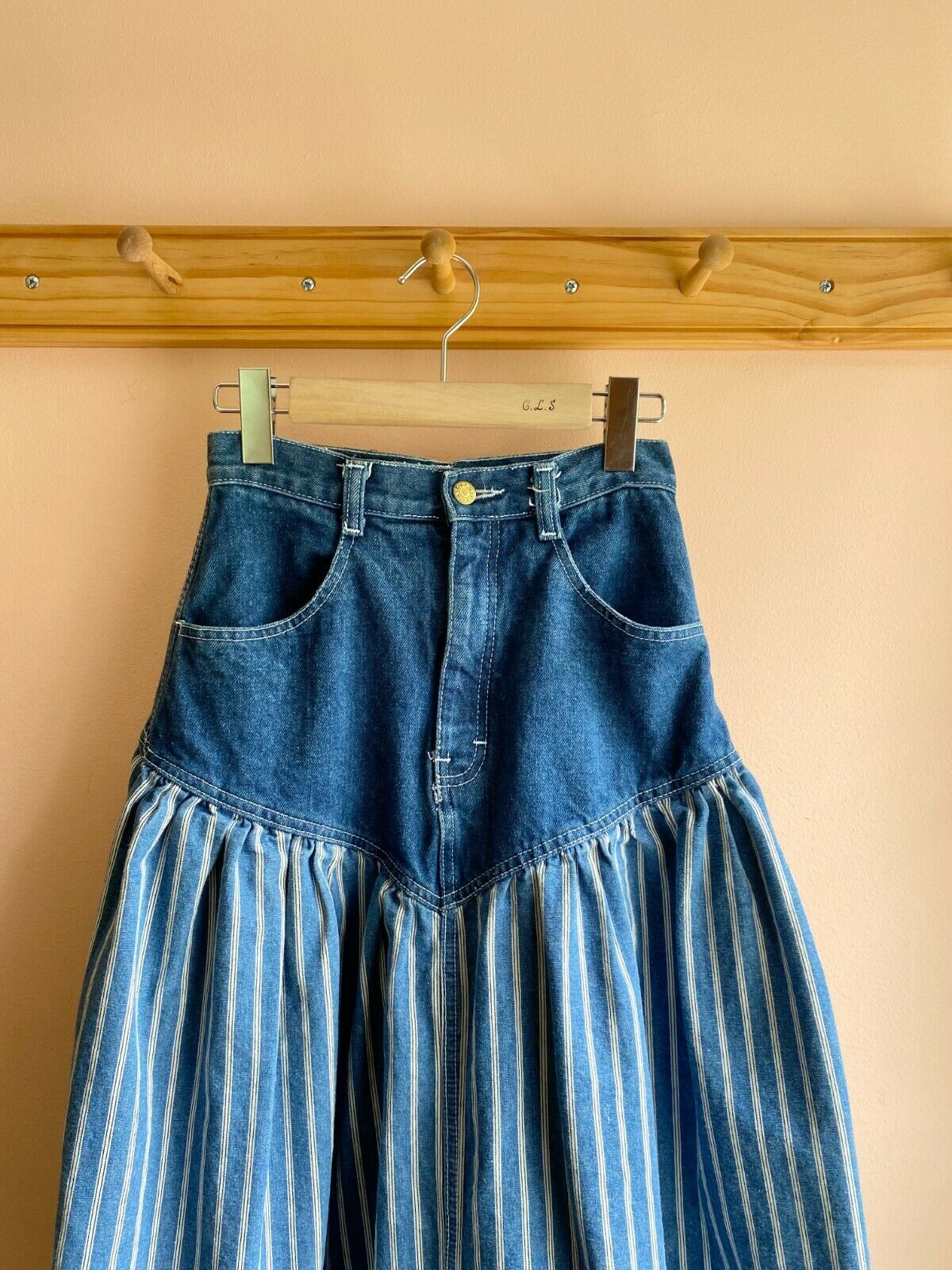 Vintage 90s western indigo maxi denim skirt ticker stripe patchwork xs 27