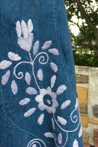 Vtg 70s Chambray White Embroidered Birds Oaxacan Flaired Wrap Skirt Hippie Boho - Fresh Stock Dated February 2026